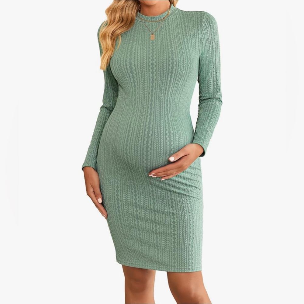 Mock Turtleneck Maternity Rib Knit Stretchy Bodycon Baby Shower Dress